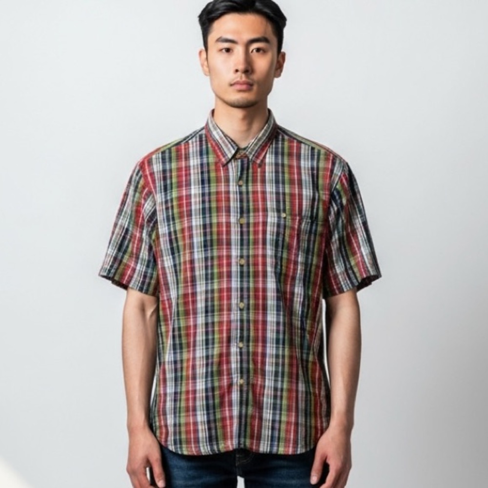 Duluth Men's XL Button Down SS Shirt Red Blue Plaid EUC Cotton Breathable
